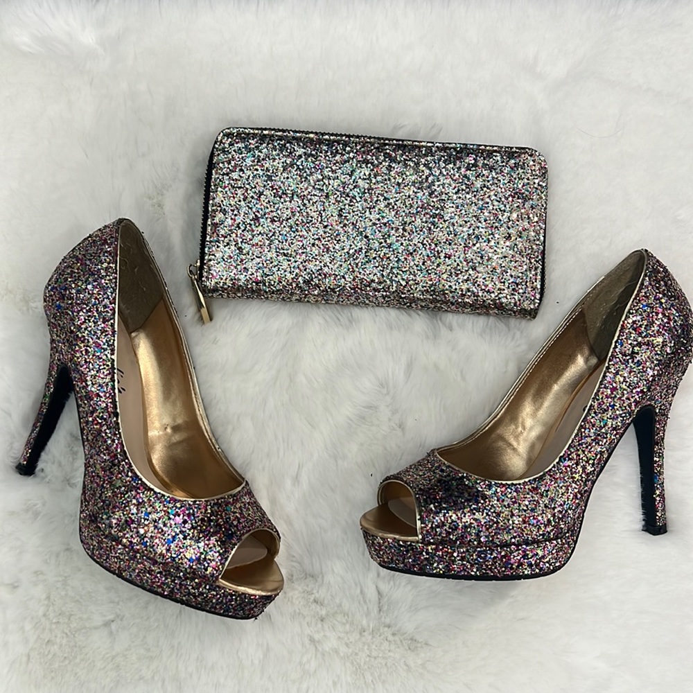 EUC Multicolor glitter bedazzled heels pumps and matching wallet set